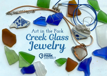 blue, green, and blue creek glass is displayed next to two pieces made into a pendant